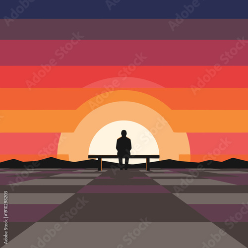 A lone figure sits on a bench, silhouetted against a vibrant, geometrically stylized sunset, contemplating the vast, colorful horizon in a moment of peaceful solitude.