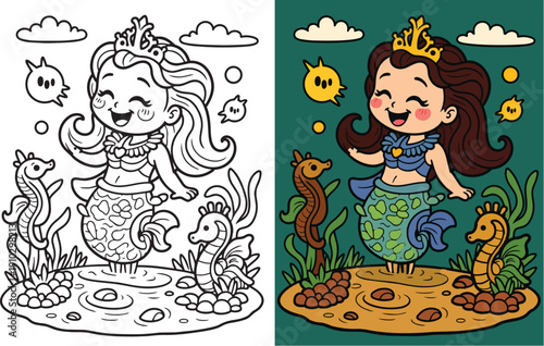 Joyful mermaid princess swimming with seahorses in underwater world coloring page activity