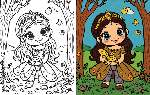 Little princess holding small pet in forest clearing coloring page for children activities