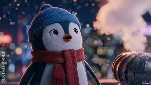 Wallpaper Mural xmas penguin. A cheerful animated penguin wearing a blue hat and red scarf waves in a snowy urban scene, with city lights twinkling in the background beside a chimney Torontodigital.ca