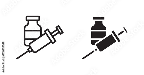 Vaccine vial icons, black line art and clipart vector logo