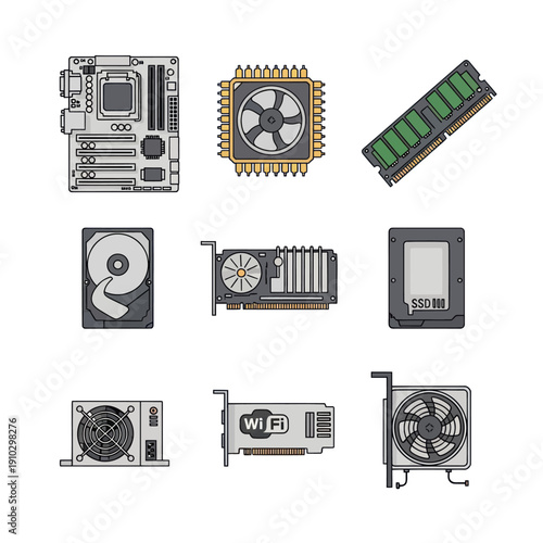 Flat design computer hardware components set on white background