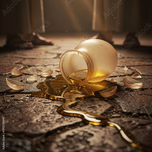 Symbolic Biblical Close-Up of a Broken Alabaster Jar Spilled on Stone