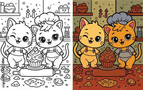 Two adorable kitten chefs celebrating their delicious cupcake creation in a cozy kitchen