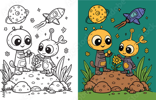 Two aliens on moon with flower, rocket and planets