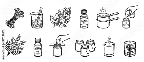 Hand-drawn candle making process icons showing ingredients like wax, wicks, jasmine and mimosa essential oils, and steps for creating homemade scented aromatherapy candles