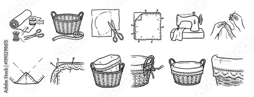 Set of hand-drawn sewing instructions shows the step-by-step process of creating a fabric liner for a wicker basket, from cutting the pattern to the finished product