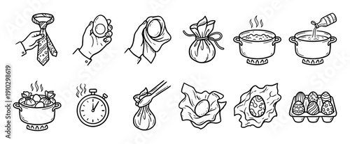 Set of hand-drawn doodle icons showing a step-by-step tutorial for dyeing Easter eggs with silk ties, illustrating the creative craft process from wrapping to boiling