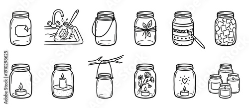 Hand-drawn glass jar illustrations set showing various creative DIY uses like candle holders, lanterns, and painted decorations in a simple black and white doodle style