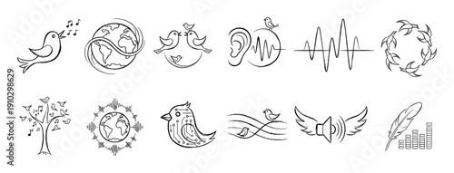 Set of hand-drawn black icons representing communication, sound, and technology with birds, musical notes, a globe, and a circuit board in a simple doodle sketch style