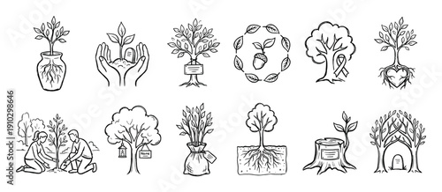 Hand-drawn tree and planting icon collection showing growth, memorial, and environmental concepts like saplings, roots, and new life in a black and white sketch style