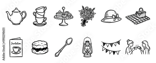 Collection of hand-drawn tea party icons including a teapot, cake, flowers, picnic basket, and invitation in a charming black and white doodle style illustration set
