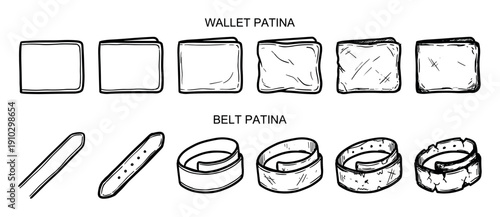 Hand-drawn wallet and belt patina illustrations showing the aging process of leather goods from new to old, worn, and cracked in a monochrome sketch style infographic
