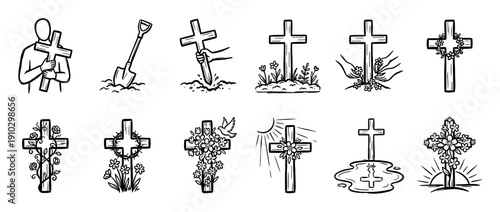 Hand drawn Christian cross funeral icon set showing burial, grave, memorial, and religious faith symbols in a simple black and white line art sketch style for remembrance