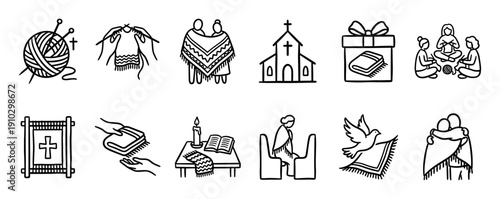 Collection of black and white line art icons representing Christian faith, community service, charity, and prayer, featuring knitting, shawls, church, and giving symbols
