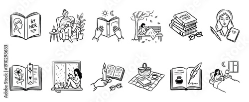 Hand-drawn black and white icon set of women reading and writing, illustrating cozy hobbies, literature, and self-care with minimalist doodle elements like books, candles, and cats