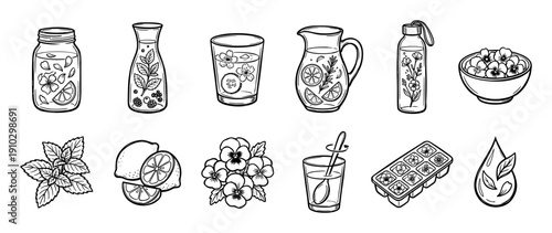 Set of hand-drawn black line art illustrations of summer drinks like infused water and lemonade with ingredients such as lemon, mint, berries, and edible flowers in a doodle style