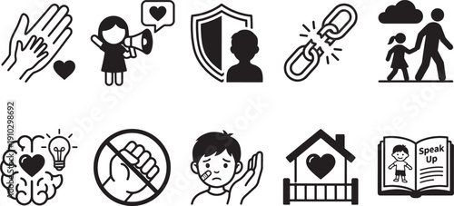 Black and white line icons for social issues such as protection awareness and support  various symbols for safety and advocacy