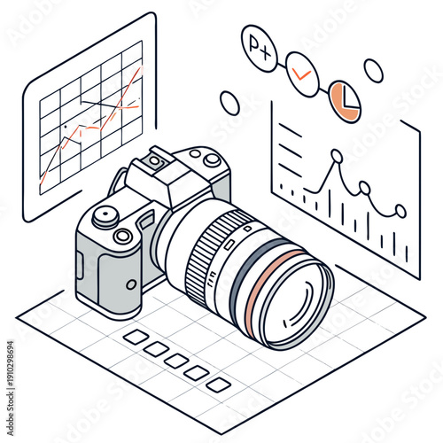 Abstract concept of computer vision, with a stylized camera lens and pixelated elements symbolizing visual data processing and recognition.