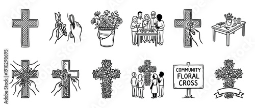 Hand-drawn black and white icon set illustrating the community tradition of decorating a religious cross with fresh flowers for a holiday celebration, showing the step-by-step process