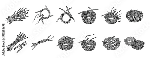 Step-by-step guide illustration showing how to make a bird's nest, a black and white line art set detailing the process of weaving twigs and branches into a handmade home