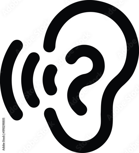 Black outline icon of an ear with sound waves on white background hearing audio