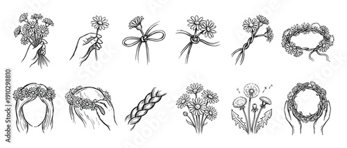 Hand-drawn black and white floral illustration set showing daisies and dandelions being made into wreaths, bouquets, and hair accessories in a simple sketch style