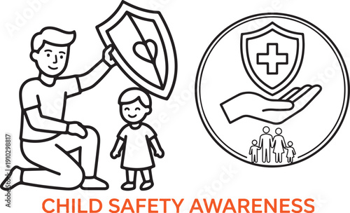 Child safety awareness concept with a man and a kid protected by a shield with a heart and a medical shield with a hand and people  promoting a safe environment