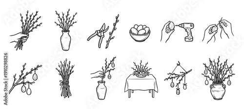 Hand drawn black and white icon set showing the process of making Easter decorations with pussy willow branches and eggs, a collection of doodle-style illustrations for the spring holiday