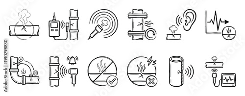 Hand-drawn pipe leak detection icon set with various symbols for diagnostics, acoustic analysis, maintenance, and inspection of plumbing systems in a simple sketch illustration style