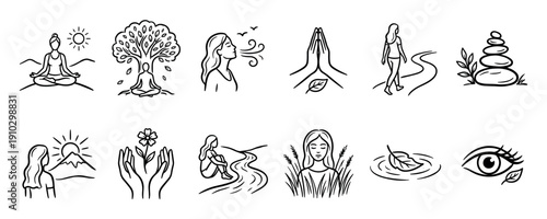 Set of twelve hand-drawn mindfulness icons showing meditation, yoga, nature, and self-care concepts for mental health and wellness in a simple black and white line art style