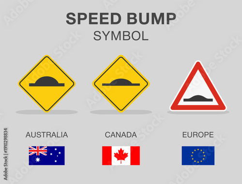 Traffic regulation rules and tips. Road sign types. "speed bump" traffic sign in different countries. Flat vector illustration template.