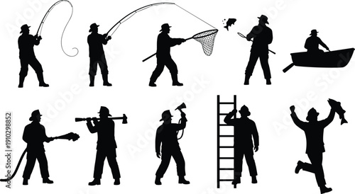 Large Vector Collection of Black Silhouette Figures Featuring Professional Firefighters in Action Rescue Poses and Fishermen Catching Fish with Rods on White Background