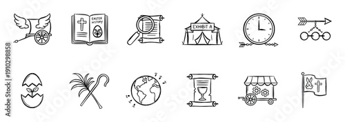 Collection of hand-drawn Easter history icons in a simple black and white doodle style, featuring religious and cultural symbols like a cross, egg, bunny, and scroll