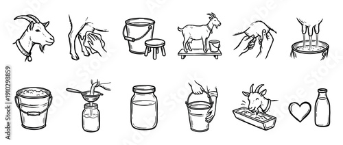 Hand-drawn goat milking and dairy farming icons showing the step-by-step process of producing fresh milk, from animal care and feeding to bottling the final organic product