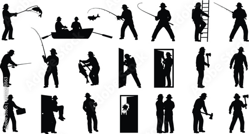 Large Vector Collection of Black Silhouette Figures Featuring Professional Firefighters in Action Rescue Poses and Fishermen Catching Fish with Rods on White Background