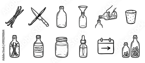 Set of hand-drawn black line icons showing the step-by-step process of making homemade vanilla extract with beans, alcohol, and bottles in a simple doodle illustration style