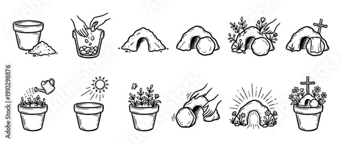 Hand-drawn Easter resurrection story icon set showing the empty tomb and a seed growing in a pot as a metaphor for new life, hope, and Christian faith in a doodle style