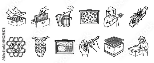 Beekeeping and apiculture icon set with a beekeeper, beehive, honeycomb, queen bee, and smoker in a hand-drawn black and white line art doodle style collection