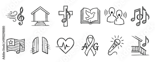 Set of twelve black and white doodle icons for Christian worship, praise music, and community themes, featuring a cross, bible, dove, heart, and various musical symbols