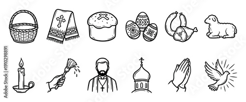 Set of black and white Easter icons showing traditional religious symbols like paska bread, pysanky eggs, a lamb, and a church in a simple hand-drawn doodle style