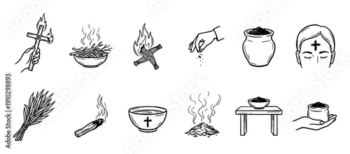Set of hand-drawn Christian ritual icons for Ash Wednesday and Lent, illustrating burning palms, holy water, and the ceremonial application of ashes on a forehead