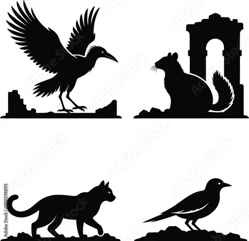 Serial Number: 019
Category: Animal

Title
Silhouette collection of wild animals featuring a large bird a small mammal a walking cat and a perched songbird.