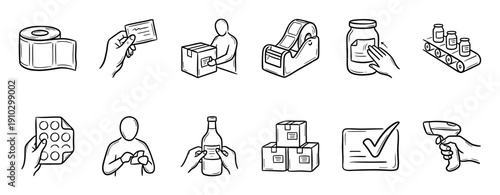 Product labeling and packaging icon set hand-drawn in a simple black and white doodle style, illustrating logistics, shipping, barcode scanning, and quality control