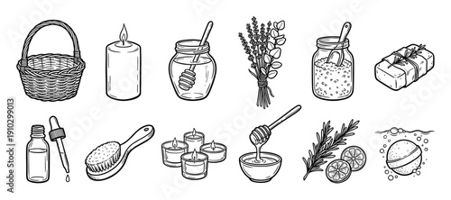 Set of hand-drawn spa and aromatherapy illustrations including candles, honey, herbs, soap, and bath products in a black and white line art style for wellness concepts