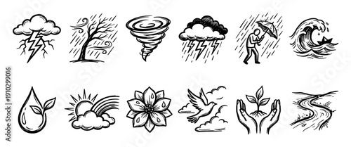 Collection of hand-drawn nature icons showing a contrast between destructive weather and peaceful life, including a storm, tornado, sprout, and dove in a sketchy doodle style