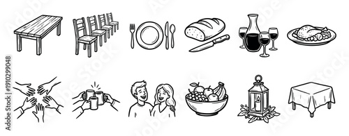 Hand-drawn black and white dinner celebration icons featuring a table, food, wine, a happy couple, and other elements for a festive gathering in a simple sketch illustration style