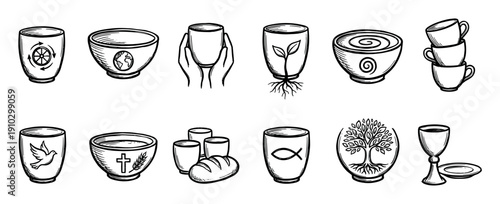 Collection of hand-drawn spiritual icons featuring cups, bowls, and chalices with various symbols like a cross, dove, fish, and tree of life in a black and white doodle style