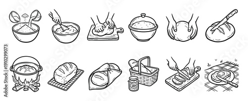 Hand-drawn bread making process icons showing step-by-step instructions for baking a homemade loaf, from mixing ingredients and kneading dough to slicing and serving