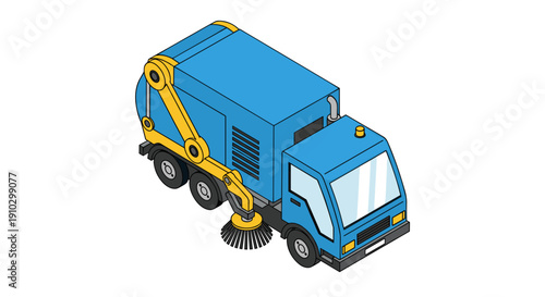 Blue Street Sweeper Truck Cleaning Road.